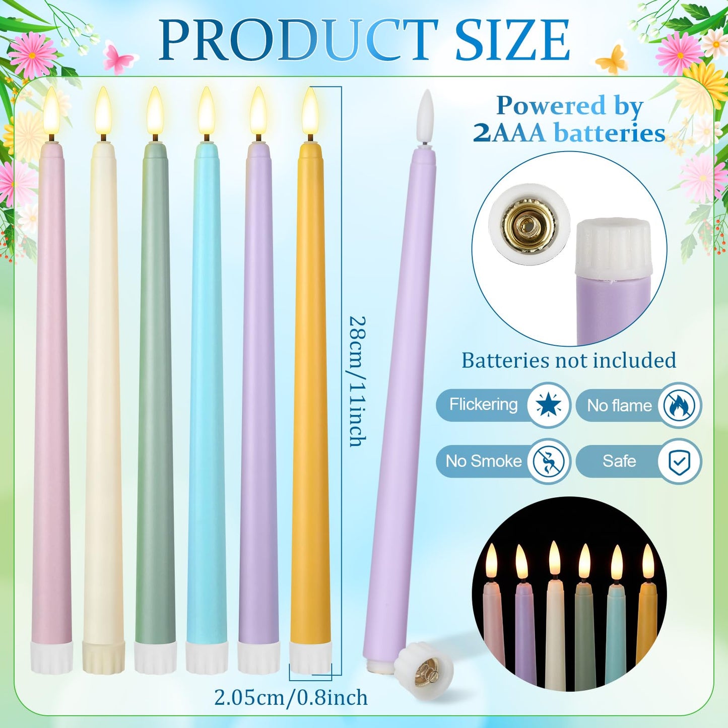 Macarrie 24 Packs Flameless Taper Candles Battery Operated Fake 11 Inch Long Candlelight LED Flameless Candlesticks Flickering Tapered for Spring Summer Wedding(Spring Wedding)