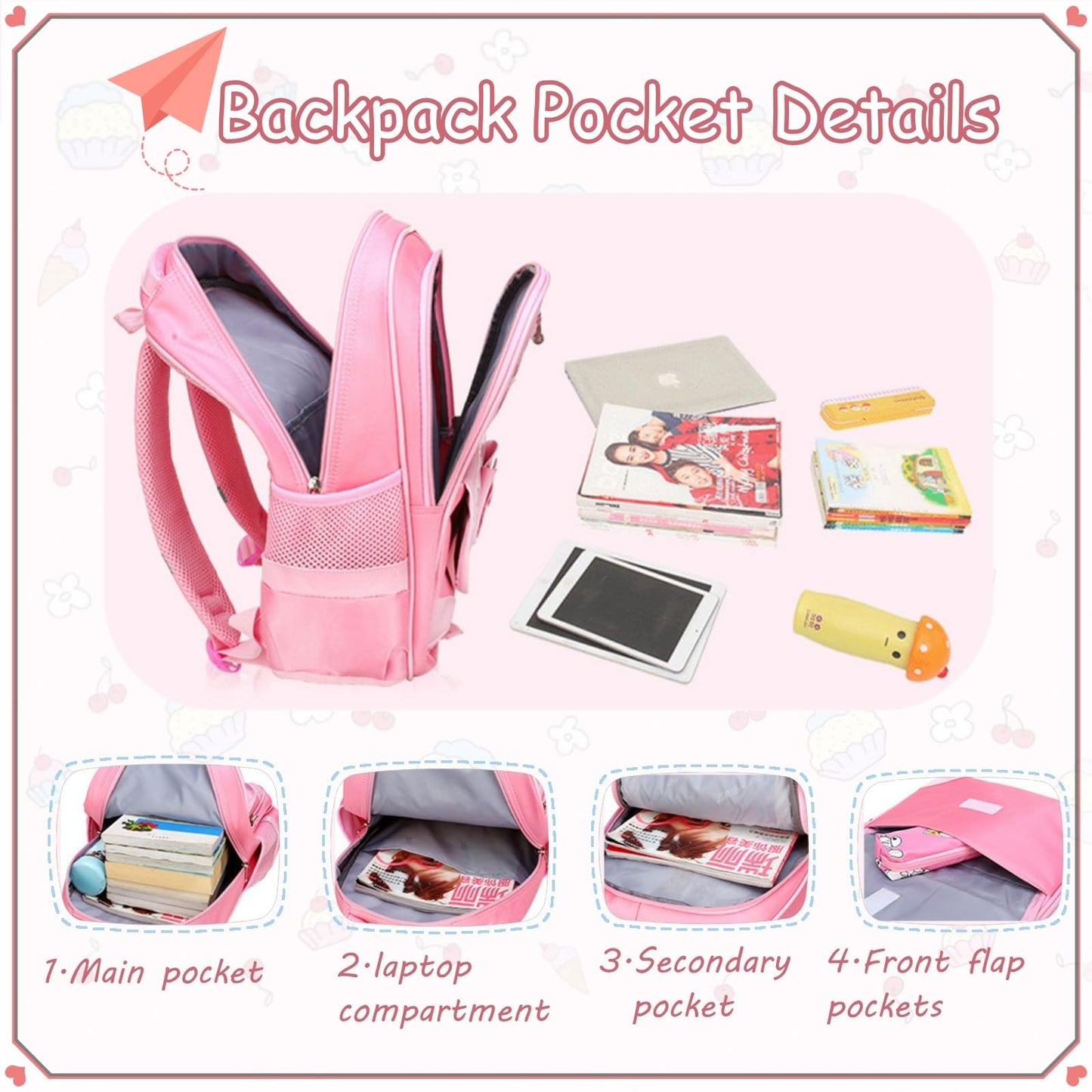 VIDOSCLA School Bags for Girls,2Pcs Bowknot Students Backpack,Elementary Princess Bookbag Sets for School