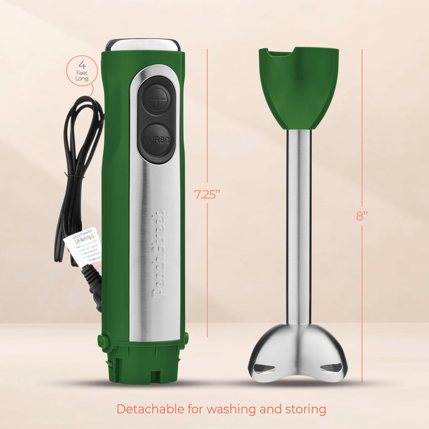 Powerful Immersion Blender, Electric Hand Blender 500 Watt with Turbo Mode, Detachable Base. Handheld Kitchen Gadget Blender Stick for Soup, Smoothie, Puree, Baby Food, 304 Stainless Steel Blades