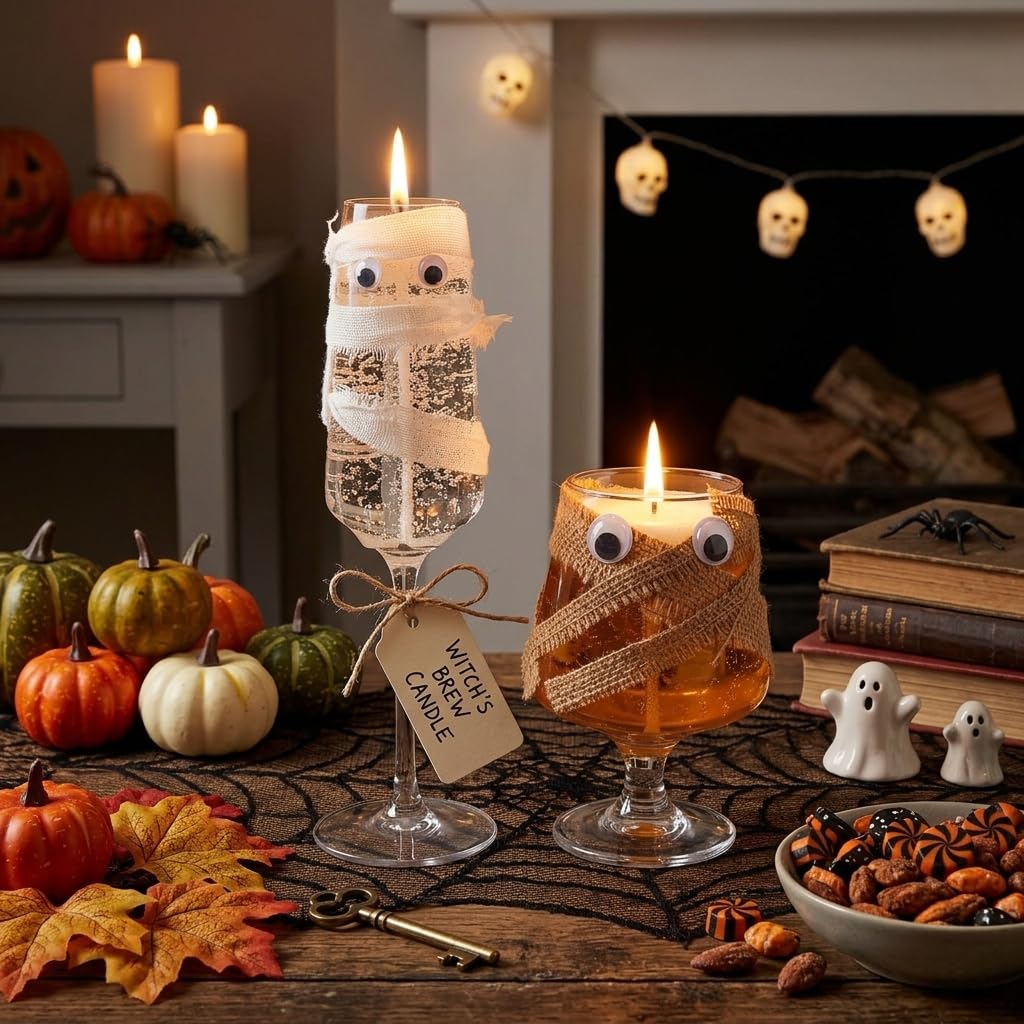Candle Halloween Mummy Wine Glass Decorations, Summerween Orange and White Party Glasses with Googly Eyes, Spooky Candle Set, 2 Pack