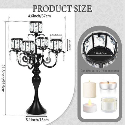 Crystal Candle Holder by [Brand Name] - 5-Arm Black Metal Design | 22-Inch Tall Wedding Centerpiece