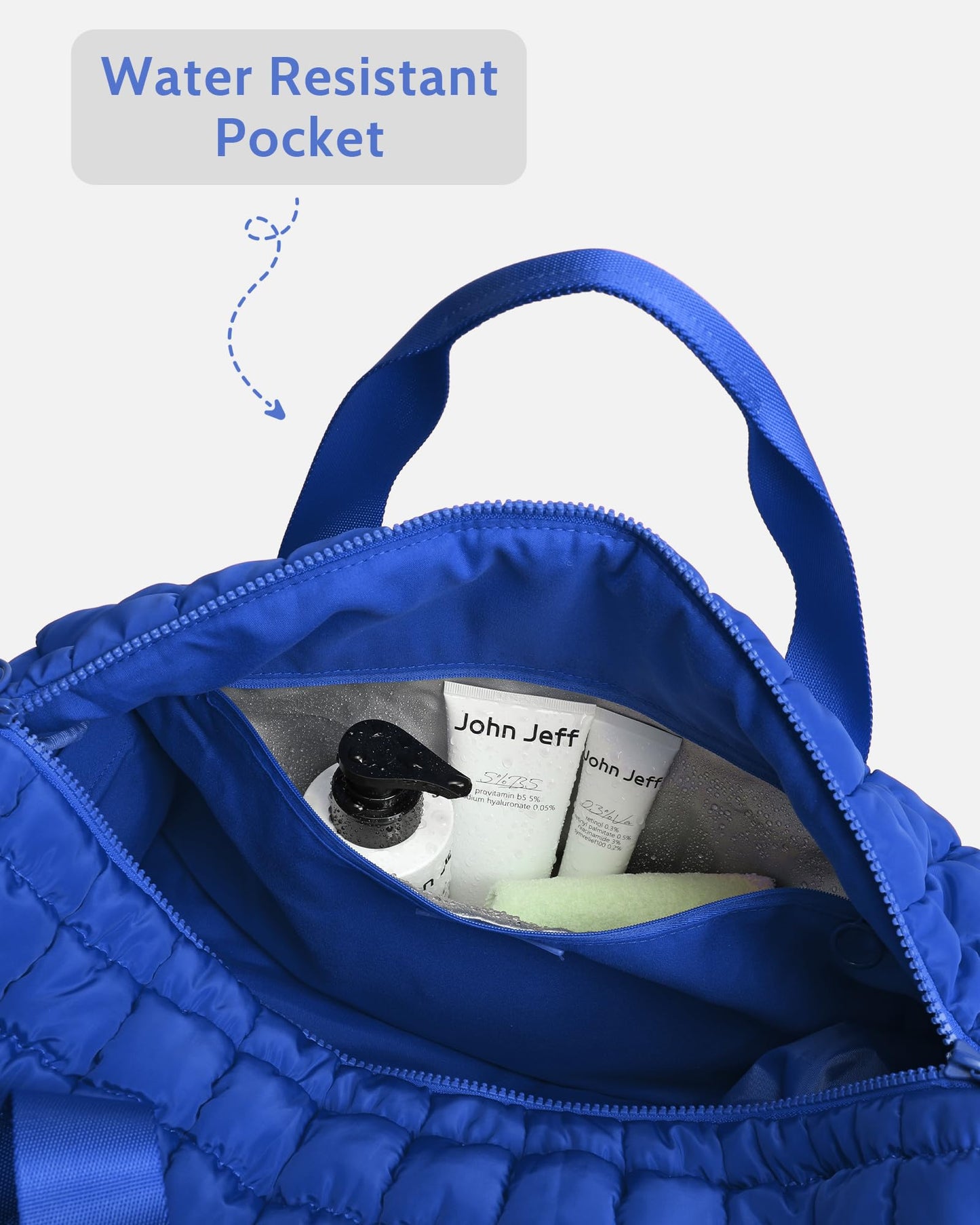 Quilted Duffel Travel Bag for Women, Puffer Gym Duffle Bag with Shoe Compartment Lightweight Large Crossbody Sport Bag Tote Blue