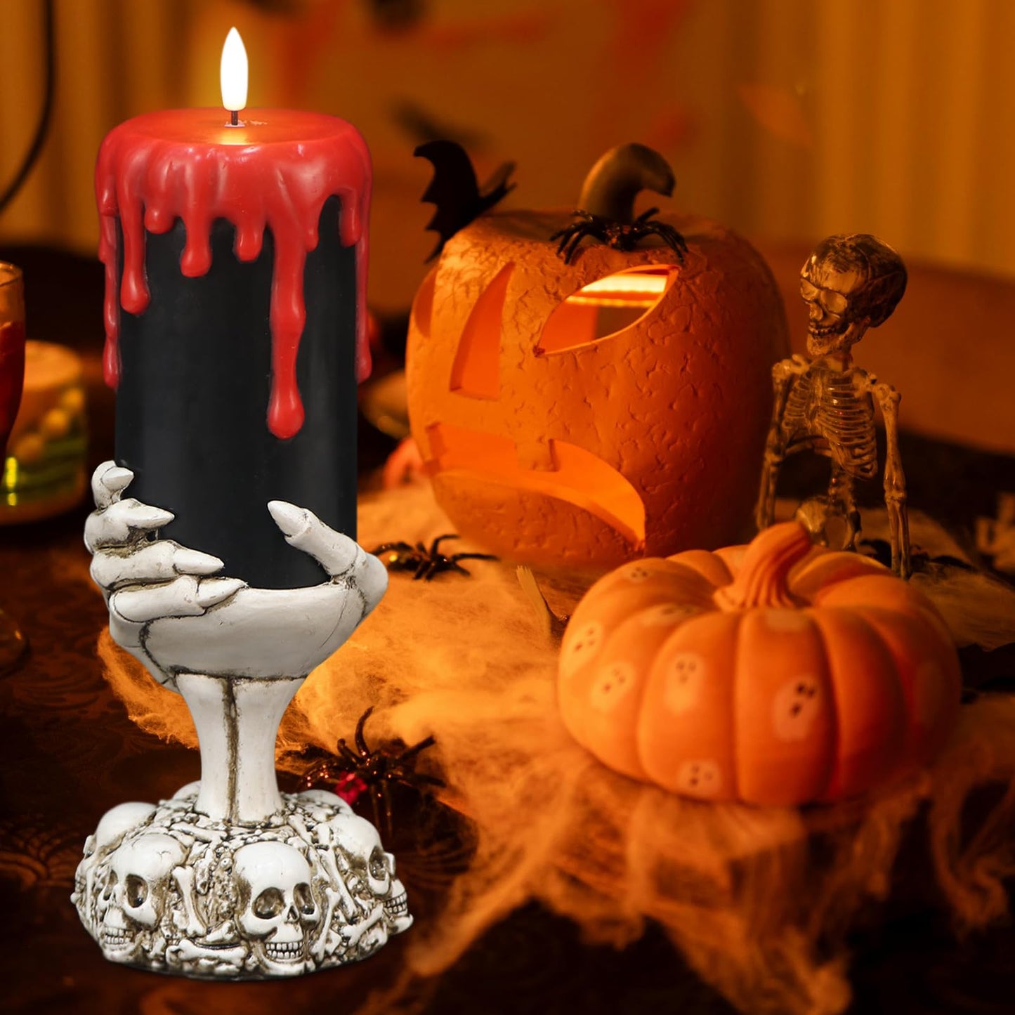 Lasumora Halloween Decorations Black Flameless Candles with 6H Timer, Battery Operated Candles with Skull Hand Candle Holder, Real Wax Dripping Halloween Candle Spooky Halloween Decor Indoor