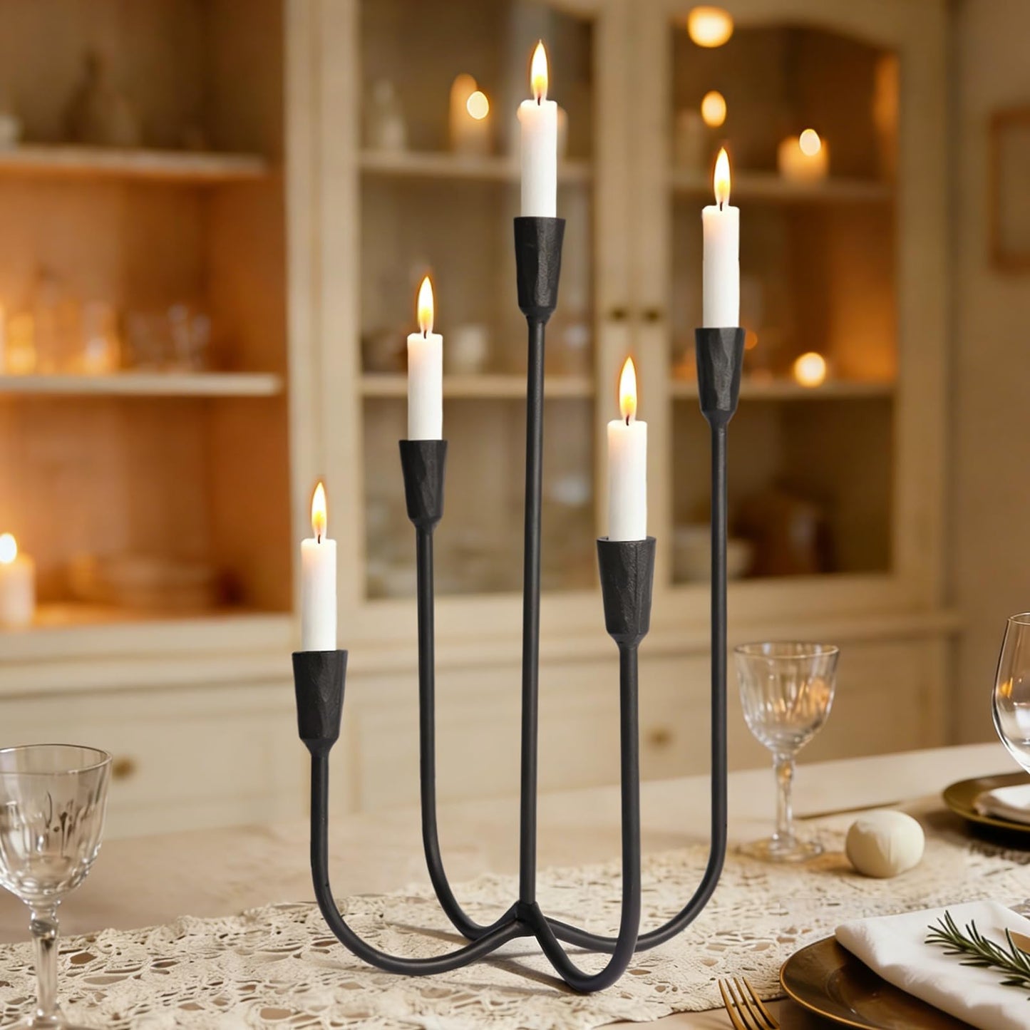 Mofunci Cast Iron 5-Candle Candelabra Centerpieces for Tables, Black Candle Holders Wedding Event 17.6 inch Tall Hand-Forged Candlestick Holders for Dining Room, Living Room or Mantel