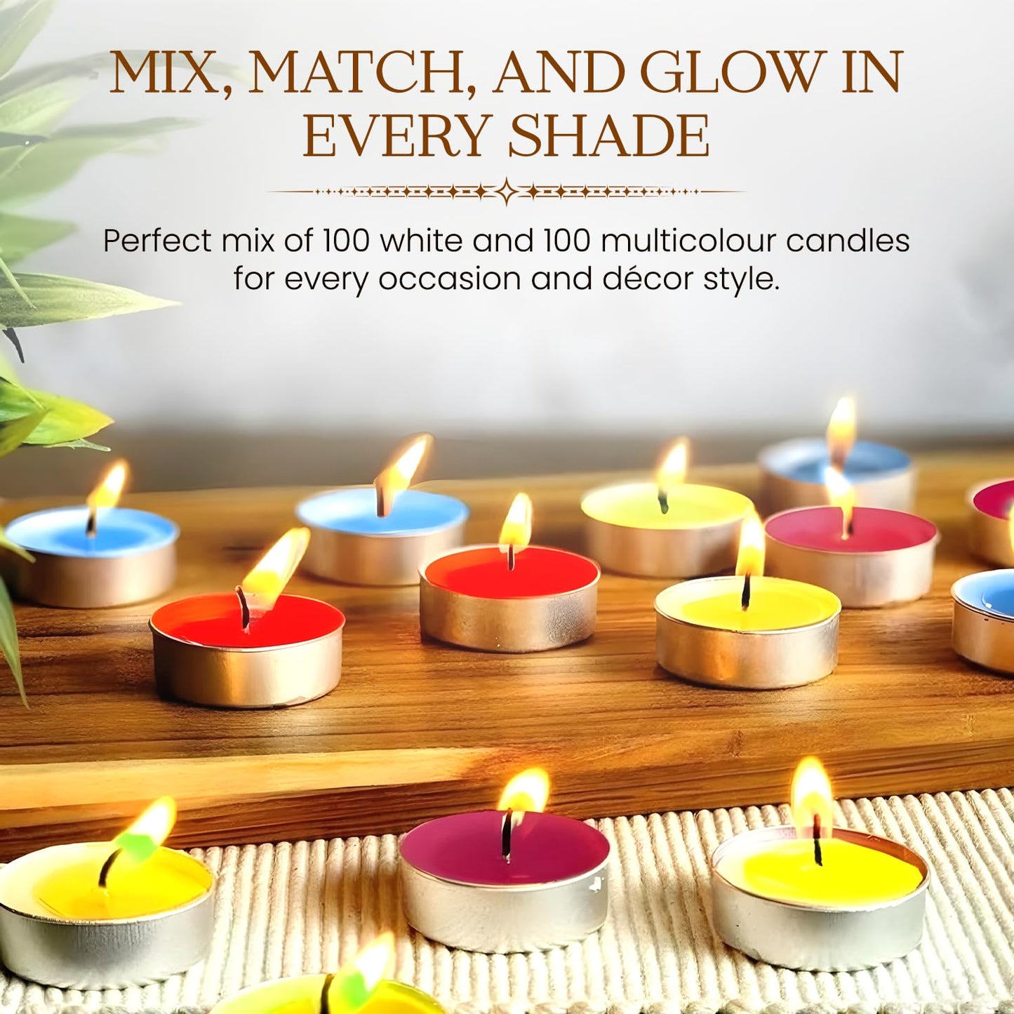 DVelas™ Wax Tealight Candles - Pack of 200 | 100 White + 100 Multicolour | Unscented, Smokeless & Dripless | Long Burning Tealights for Diwali, Pooja, Home Décor & Party Use