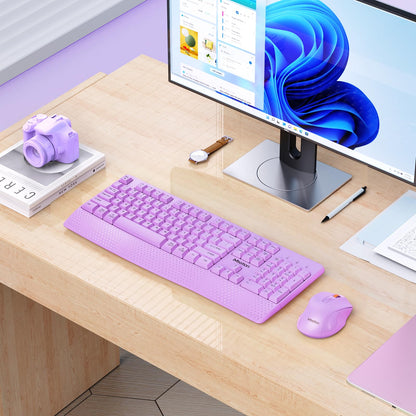 MEETION Wireless Keyboard and Mouse, Full-Sized Cordless Keyboard with Wrist Rest and 3 DPI Adjustable Mouse, 2.4G Wireless, Purple, for PC/Computer/Laptop/Windows/Mac