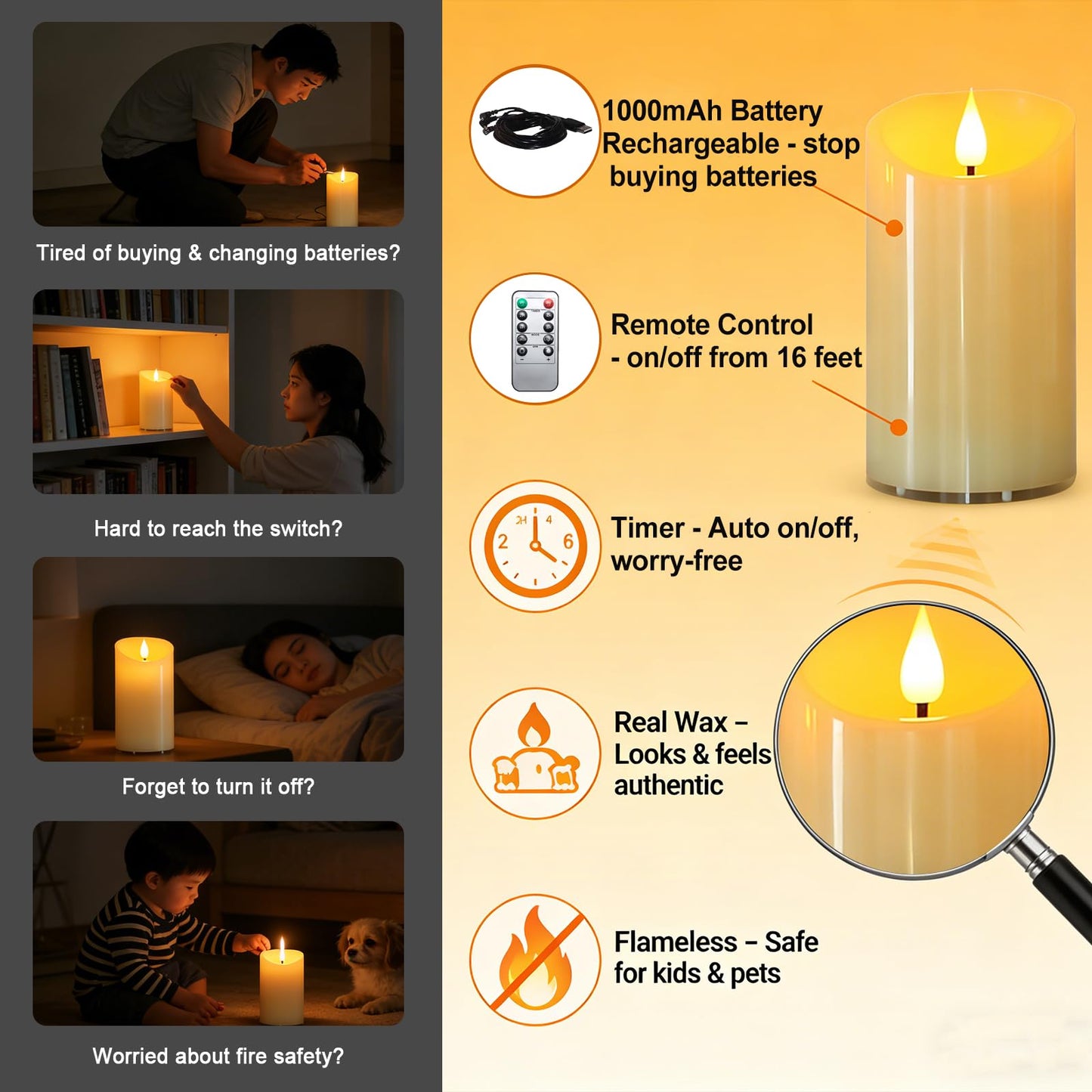 Lezonic Rechargeable Flickering Flameless Candles Battery Operated with Remote and Timer, Pack of 3(D 3'' X H 4''5''6'') Long Lasting Ivory White Real Wax LED USB Pillar Candles