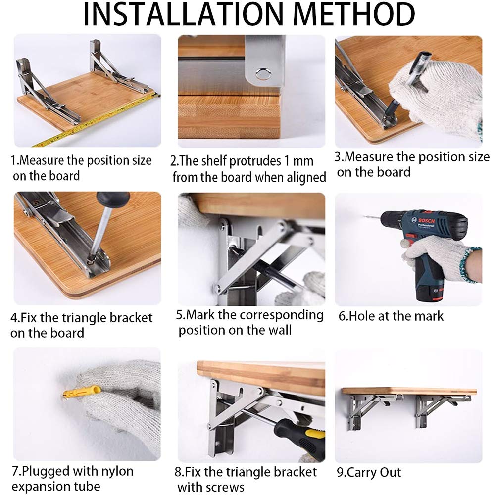 Storystore Folding Shelf Brackets - 10 Inch Heavy Duty Stainless Steel Collapsible Shelf Bracket for Bench Table, Space Saving DIY Bracket, Max Load: 550lb （2 PCS）