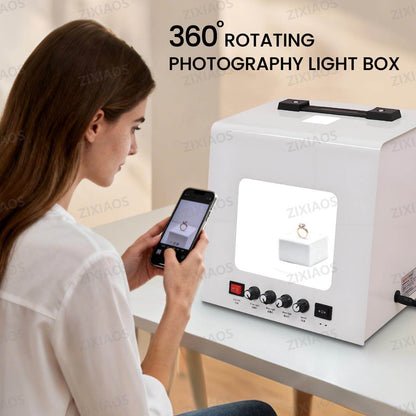 ZIXIAOS Jewelry Photography Light Box Kit with 360° Electric Rotating Feature, 4PCS Fill Lights-Adjustable Brightness,Mini Photo Studio Softbox,Support Jewelry Hanging or Placing 20cm