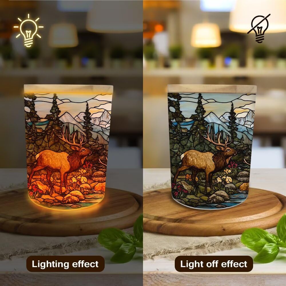Stained Glass Elks Tea Light Candle Holders, Deer Tealight Candle Holder Jar with Wooden Lid, Pine Tree Votive Candlesticks for Table Centerpieces, Christmas,Birthday Party,Home Decor