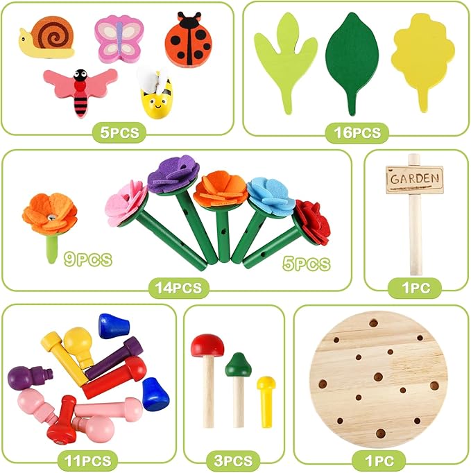 Wooden Flower Garden Building Toys for Kids STEM Educational Activity Preschool Kit Gift for Boys Girls Age 3 4 5 6 7 Years Old Stacking Game for Toddlers Build a Bouquet Spring Gifts