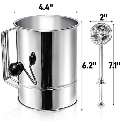 Pumtus 3 Pack Flour Sifter Set, 5 Cup Hand Crank Sifter with 2 Pieces Baker's Dusting Wands, Stainless Steel Fine Mesh Baking Sifter with Agitator Rotary, Powdered Sugar Duster for Baking Dessert