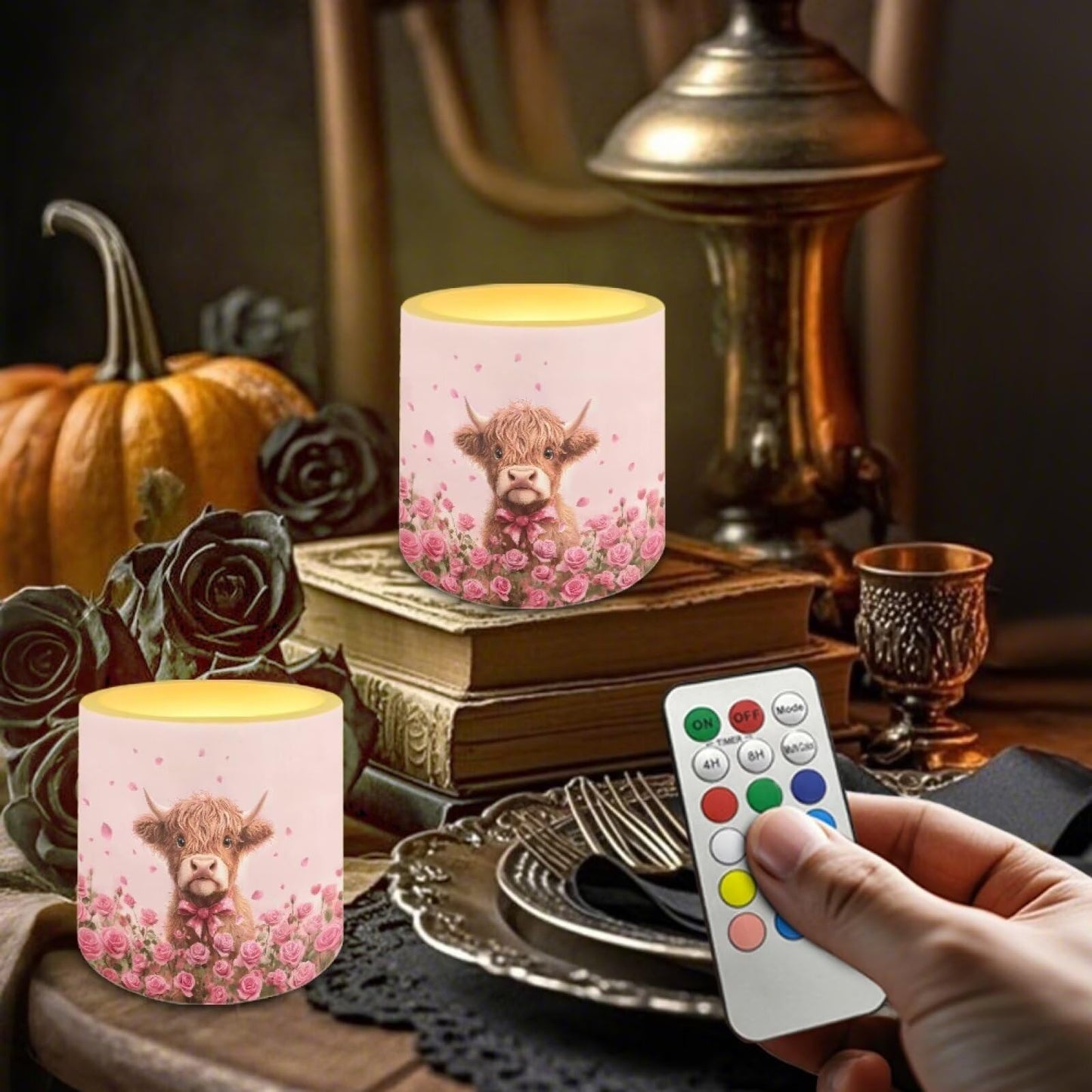 Merkmak Valentines Day Flickering Flameless Candles with Remote and Timer Battery Operated Candles Pink Rose Highland Cattle Print 4Pcs LED Pillar Tea Lights for Home Decor