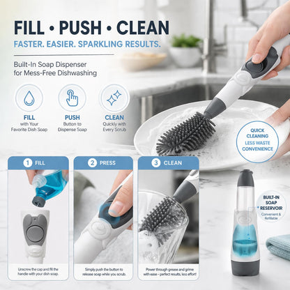 Soap Dispensing Brush Cleaner for Kitchen, Glassware, Mugs, and Plates, BPA Free Silicone Bristles, Portable Comprehensive Multi-Purpose Cleaning