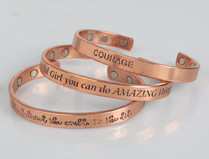 Touchstone copper bracelets | gift for men women |adjustable 100% pure solid real magnetic jewelry | handmade bracelet set combo | rope braided tibetan bangles. Set of 3 different messages engraved.