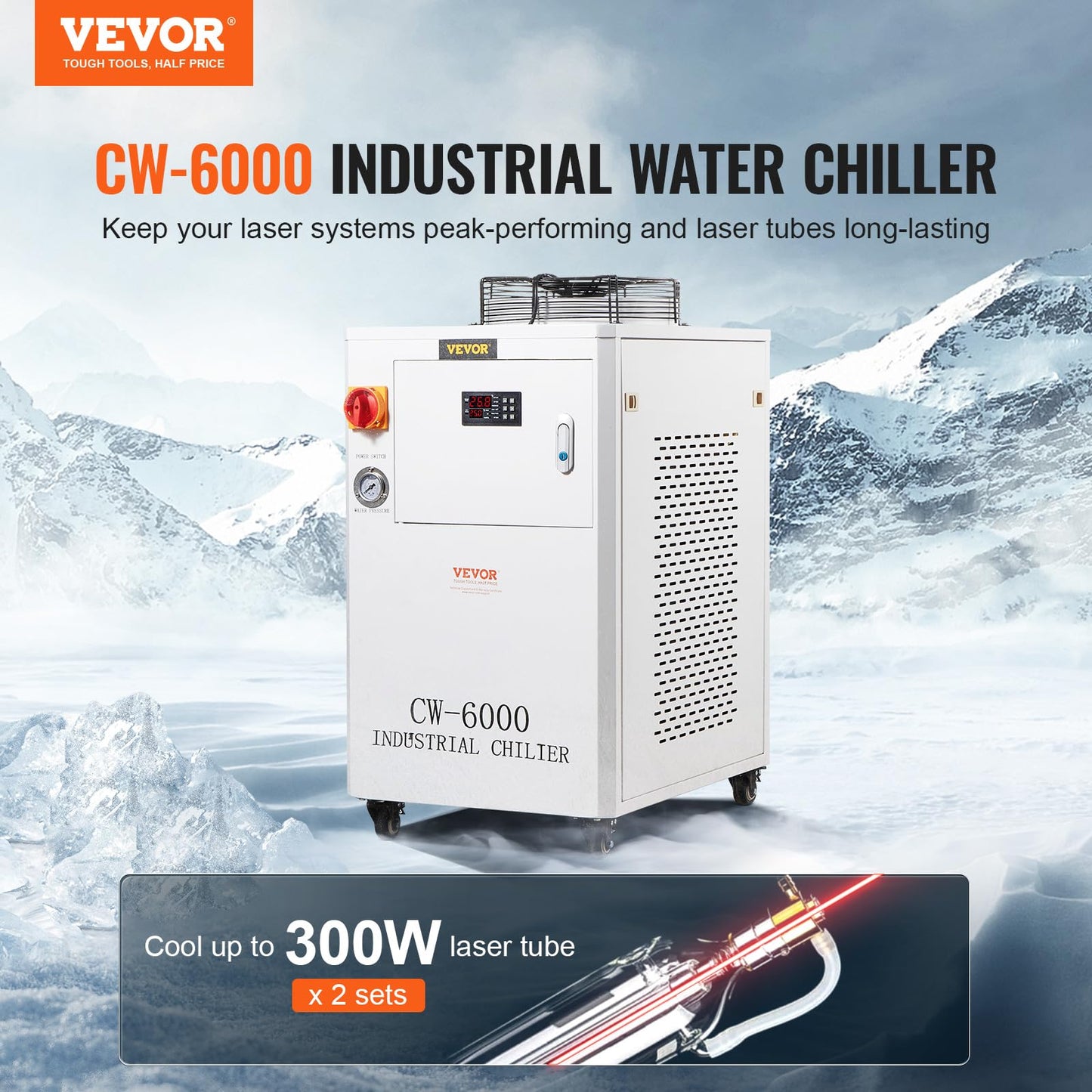 VEVOR Industrial Water Chiller, CW6000, Industrial Water Cooler Cooling System with Compressor 15L Water Tank Capacity 65 L/min Max Flow Rate, for 2 Sets of 300W CO2 Laser Engraving & Cutting Machine