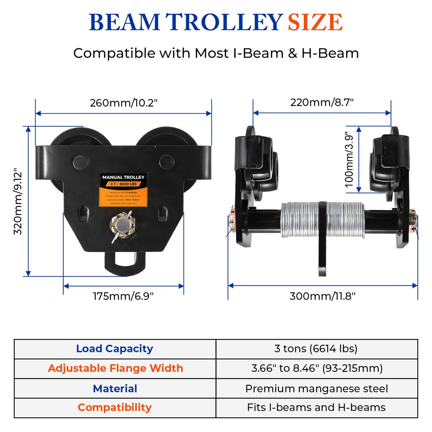 POWLAB 3 Ton Heavy Duty Manual I-Beam Trolley, Adjustable Flange Width 3.66" to 8.46", Dual Wheels for Garage Hoist, Robust Steel Construction for Straight & Curved Beams