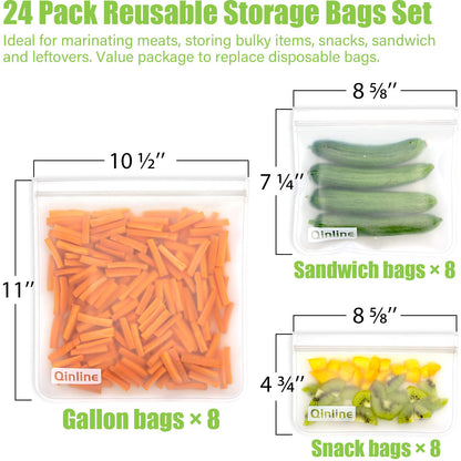 Reusable Food Storage Bags - 24 Pack Freezer Bag, Reusable Bags Silicone, Extra Thick Leakproof Lunch Bag