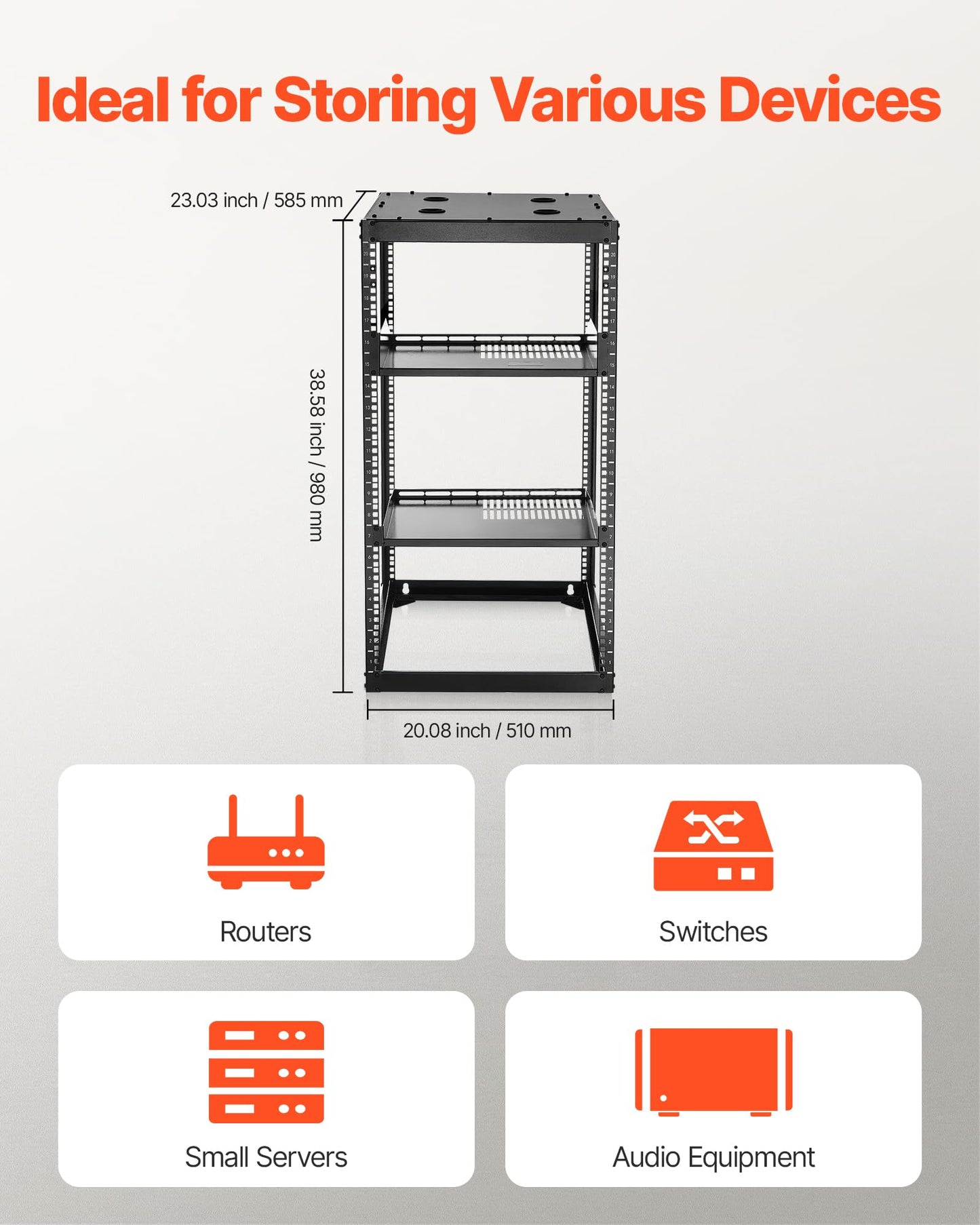 VEVOR 20U Server Rack, Open Frame Network Rack,4-Post Floor Standing or Wall Mounted, Includes 2PCS Vented 1U Rack Shelves & Mounting Hardware, Computer Wall Rack for 19" IT/AV Equipment