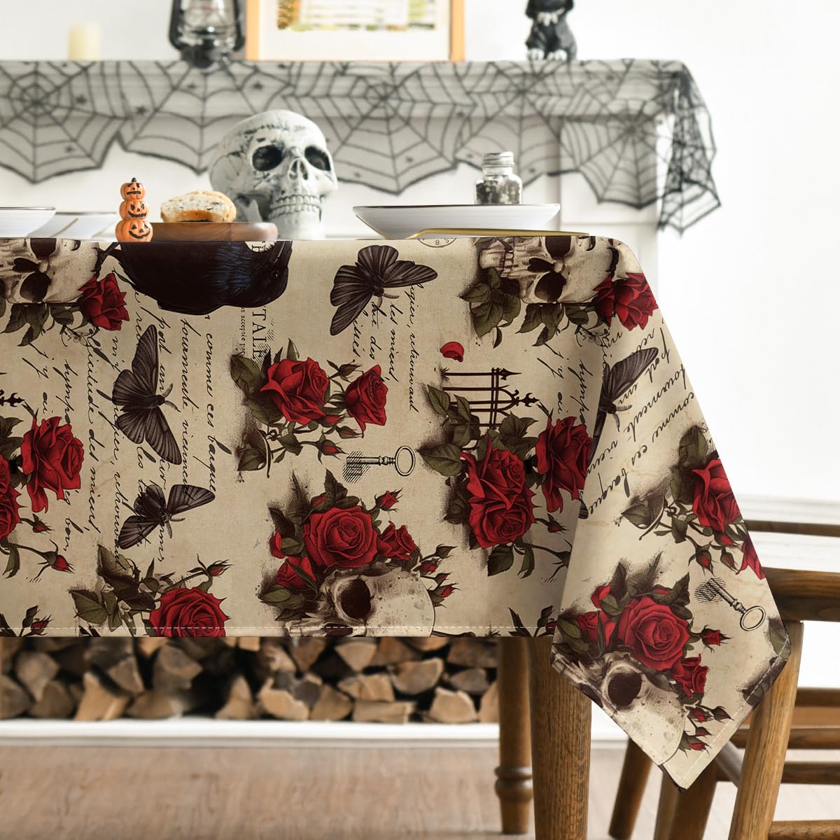Horaldaily Halloween Tablecloth 60×60 Inch Square, Crow Skeleton Roses Washable Table Cover for Party Picnic Dinner Decor