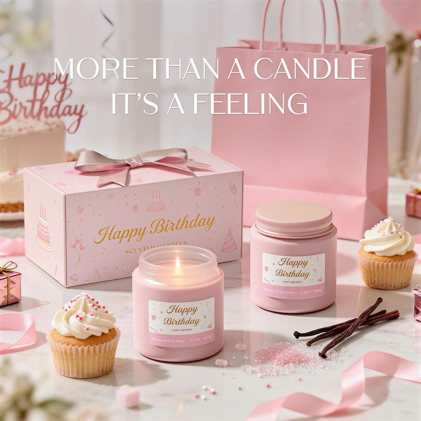 NORVENCE Birthday Candles, Scented Candles Gift Set, Stress Relief Candles for Home, Premium Soy Candle Set, Birthday Gifts for Women and Men (Birthday Pink, 7 oz)