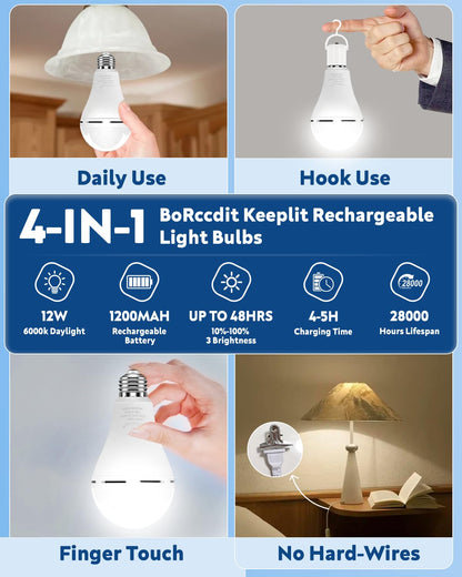 BoRccdit KeepLit 10 Pack Emergency Rechargeable Light Bulbs, 48H Long Lasting & 3 Brightness, 12W 5000K Battery Backup Emergency Light Bulbs for Home Power Outage Camping Hurricane