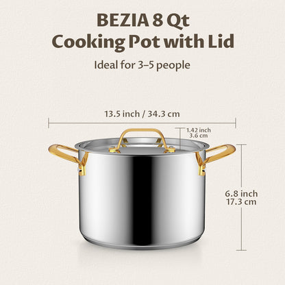 BEZIA 6 Quart Stainless Steel Stock Pot, 0-Coating Healthy Soup Pot for Small Families, Tri-ply Even Heat for Daily Cooking & Side Dishes, Compatible with All Stovetops