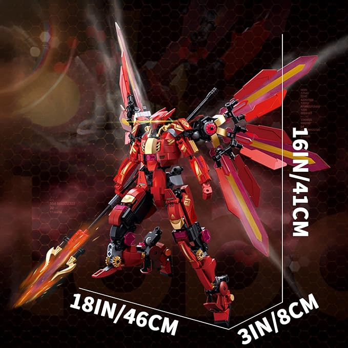 Red Mecha Building Set 511 Pieces Winged Robot Action Figure with Halberd Weapon Fully Articulated Warrior Construction Toy Collectible Anime Model Kit Gift for Adults Teens