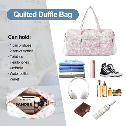 Gym Bag for Women, Cute Duffle Bag, Quilted Duffle Bag for Travel, Floral Duffle Bags, Weekend Bag with Zipper Pocket Dance Bag Organizer