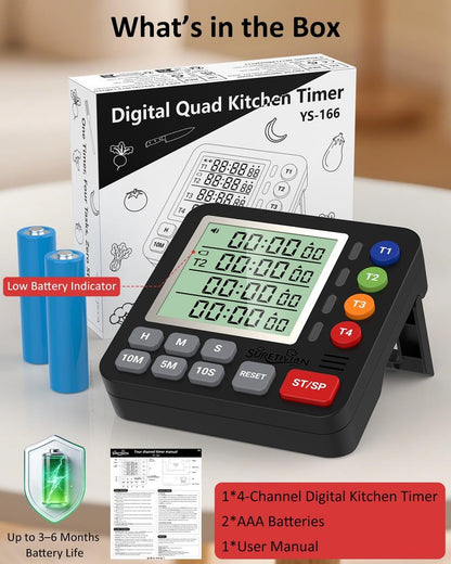 Digital Kitchen Timer for Cooking - 4 Channel Count Up Countdown Timer with Loud Alarm and Silent Mode, Large Display, Magnetic Back, Auto Memory for Classroom Study Gym, Battery Included (White&Grey)