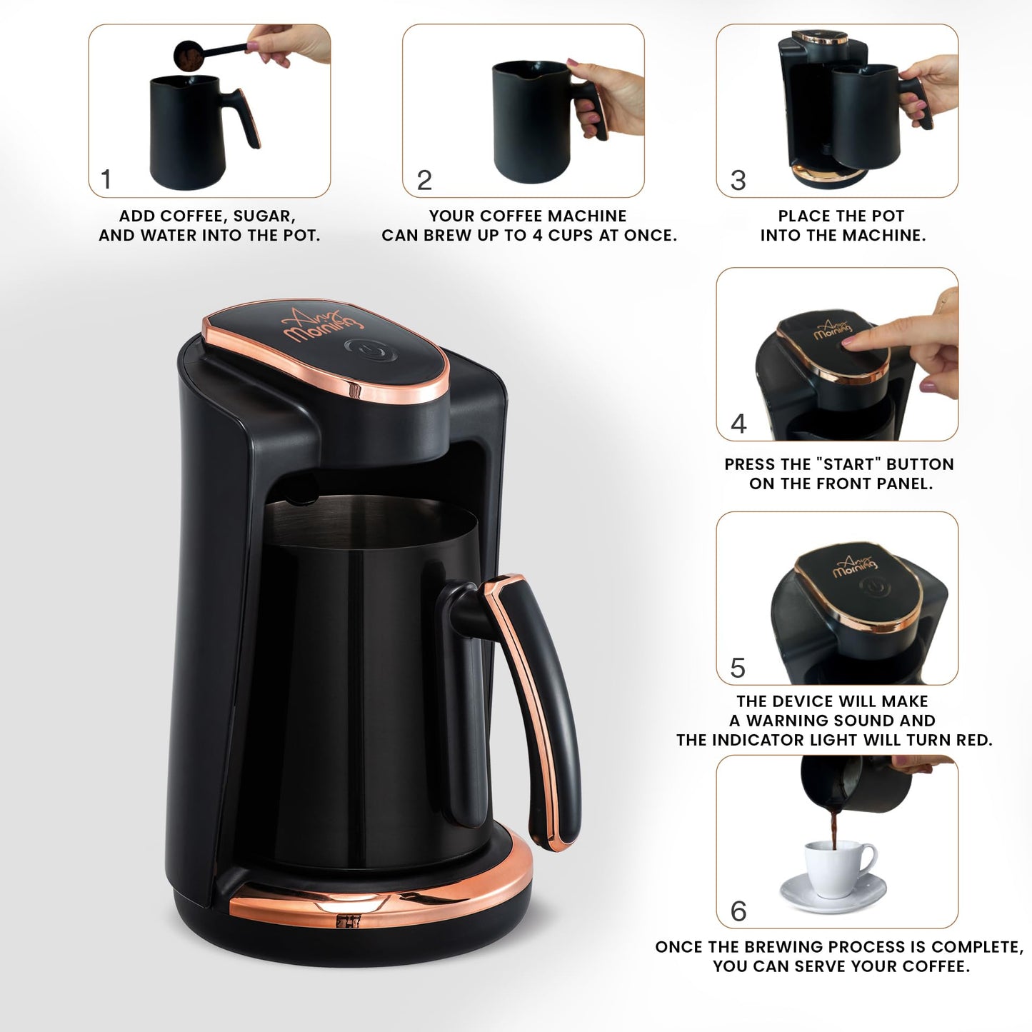 Any Morning Turkish & Greek Coffee Maker-Machine, 1 to 4 Cups Capacity, 100% BPA Free, 400W Electric Coffee Pot with Cook Sense Technology, Anti-Spill Design, Authentic Foamy Brew, Black
