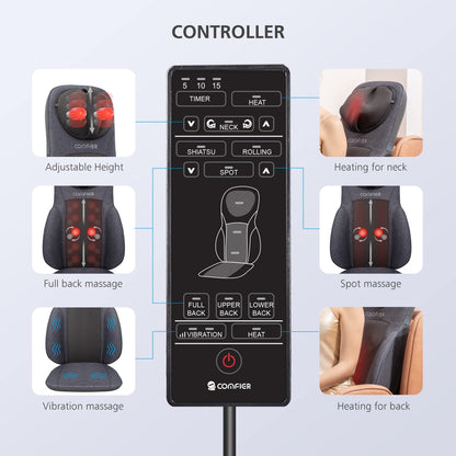 COMFIER Neck Back Massager with Heat, Height Adjustable Chair Massager Seat Cushion for Neck Shoulders, Shiatsu Massage Chair Pad for Back Support,Gifts for Dad,Mom,Gray