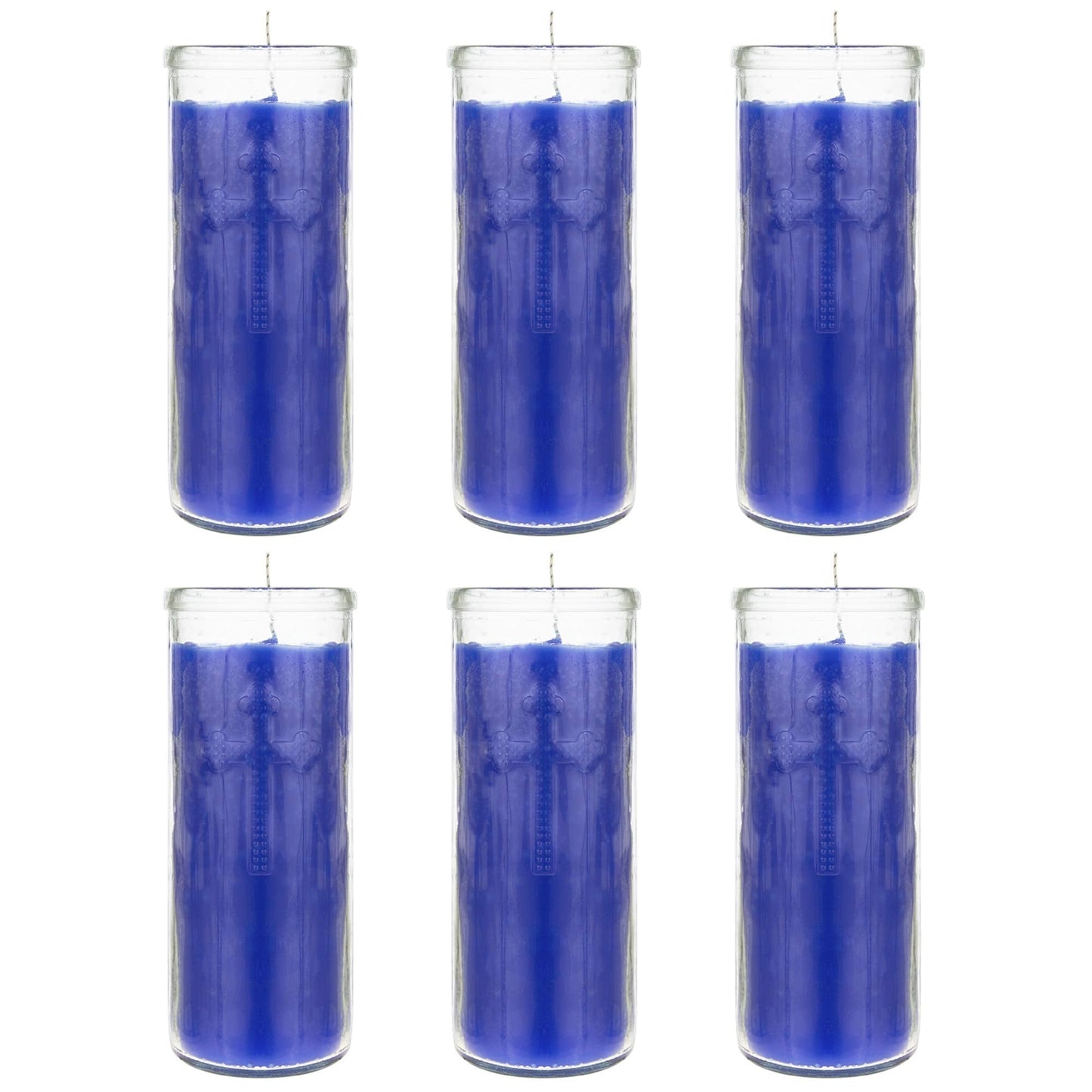 Mega Candles 6 pcs Unscented Blue Dual Cross Glass Container Altagraciano Devotional Prayer Candles, Premium Wax Candle 3 Inch x 7.25 Inch, Sanctuary, Vigils, Prayers, Blessings, Religious, Memorials