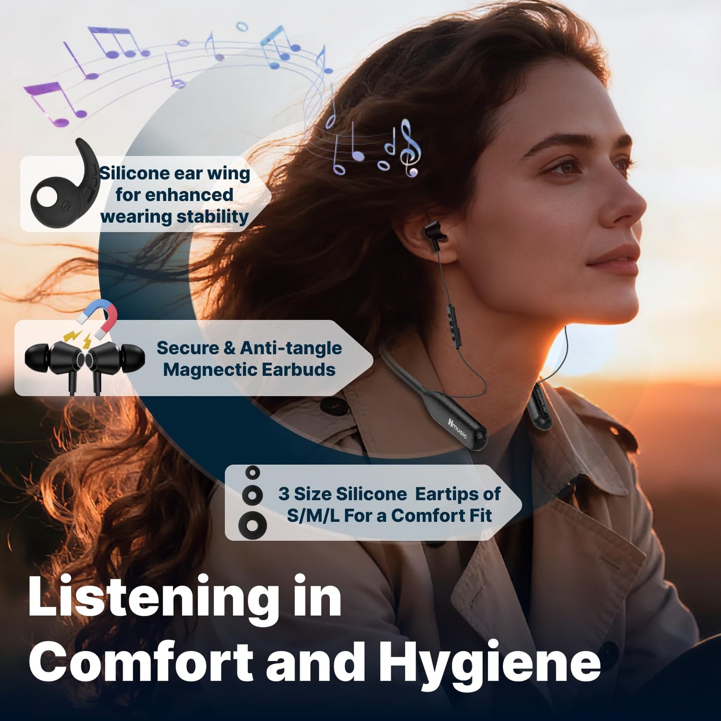 Hmusic H25 Neckband Bluetooth Headphones 200hrs Long Battery Life, Wireless Earbuds Bluetooth 5.4, IPX5 Waterproof, Around The Neck Headphones w/ENC Mic, for Work/Cycling/Game/Gym/Long Trips