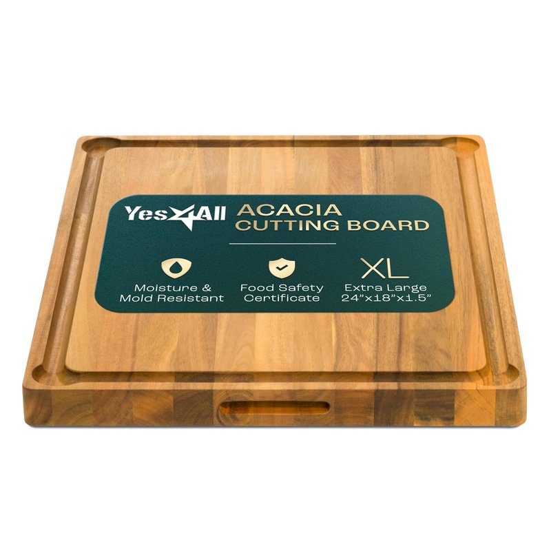 Yes4All Extra Large Acacia Wood Cutting Board for Kitchen, 24''L x 15''W x 1.5'' Thick, Durable Edge Grain Design with Juice Grooves, Pre-Oiled, Easy Grip Handle, Ideal for Chopping and Serving