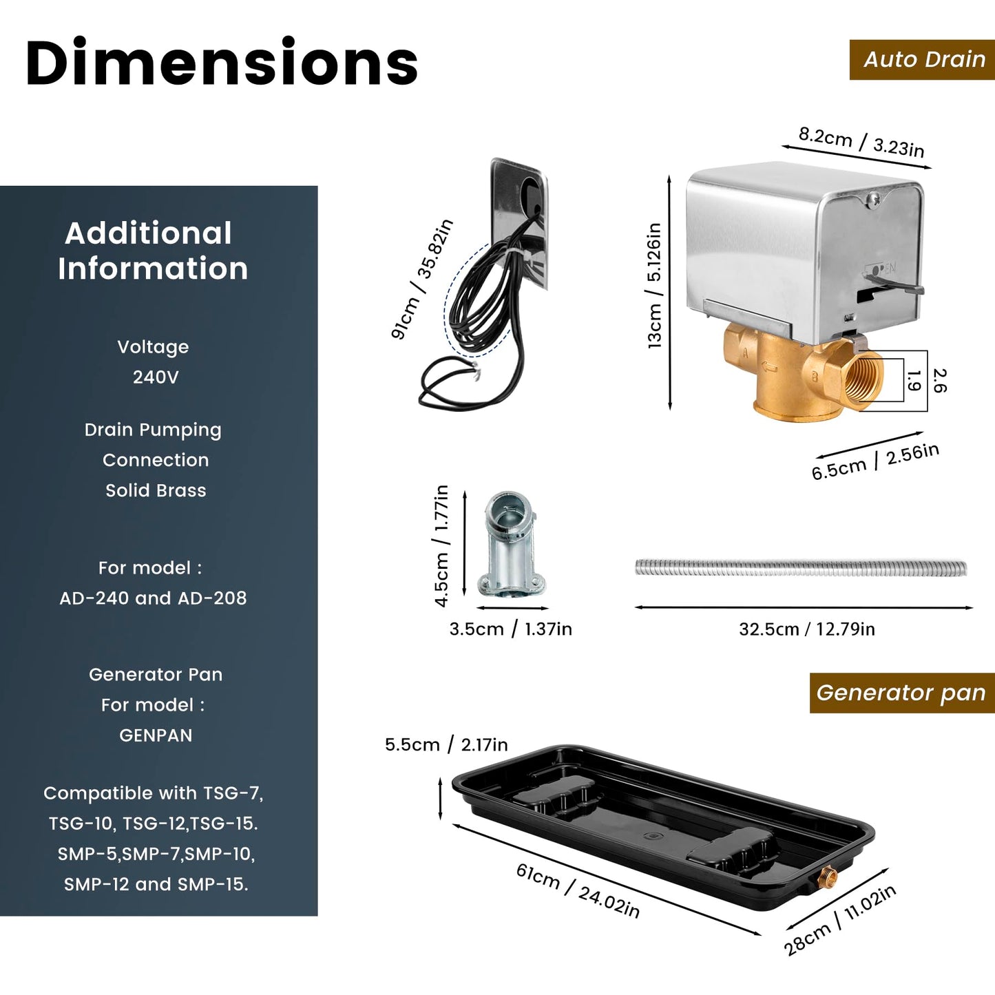 Faucet Steam System Steam Generator Auto Drain and Generator Pan for Use with 240v Generators, Steam System Automatic Purge Drain with Motorized Ball Valve for model AD-240, 5GA-PAD-240