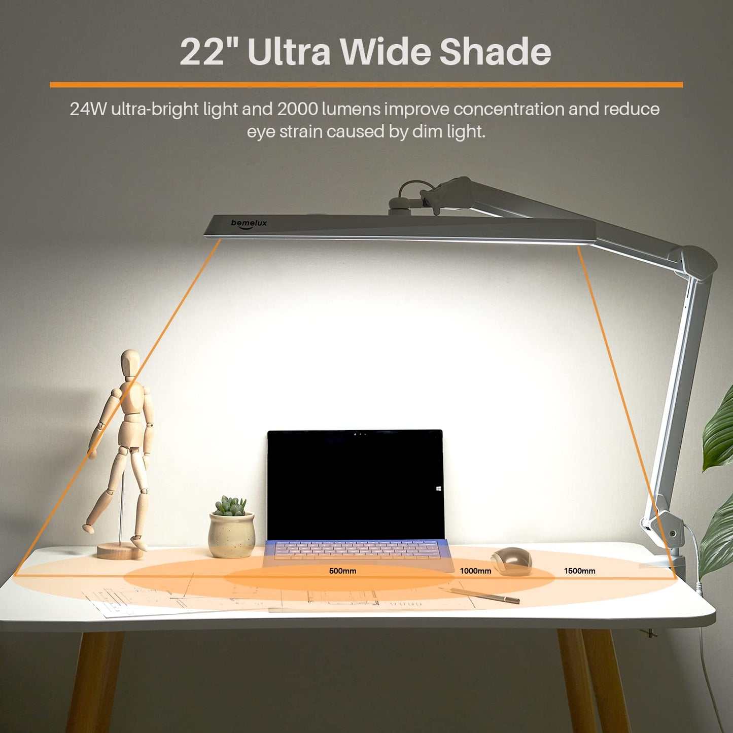 Bemelux LED Architect Desk Lamp with Clamp, Metal Swing Arm 2000 Lumens Dimming Office Table Lamp for Task Work Drafting Reading Desktop, 234 LEDs,24W, 5 Color Temperatures Workbench Lamp(White,24CCT)
