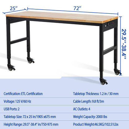 Workbench Adjustable 75' x 25', 2000 Lbs Load Capacity, 29.5"-38.4" Heights Garage Worktable with Universal Wheels & Power Outlet, Heavy-Duty Table for Workshop Office Home Commercial