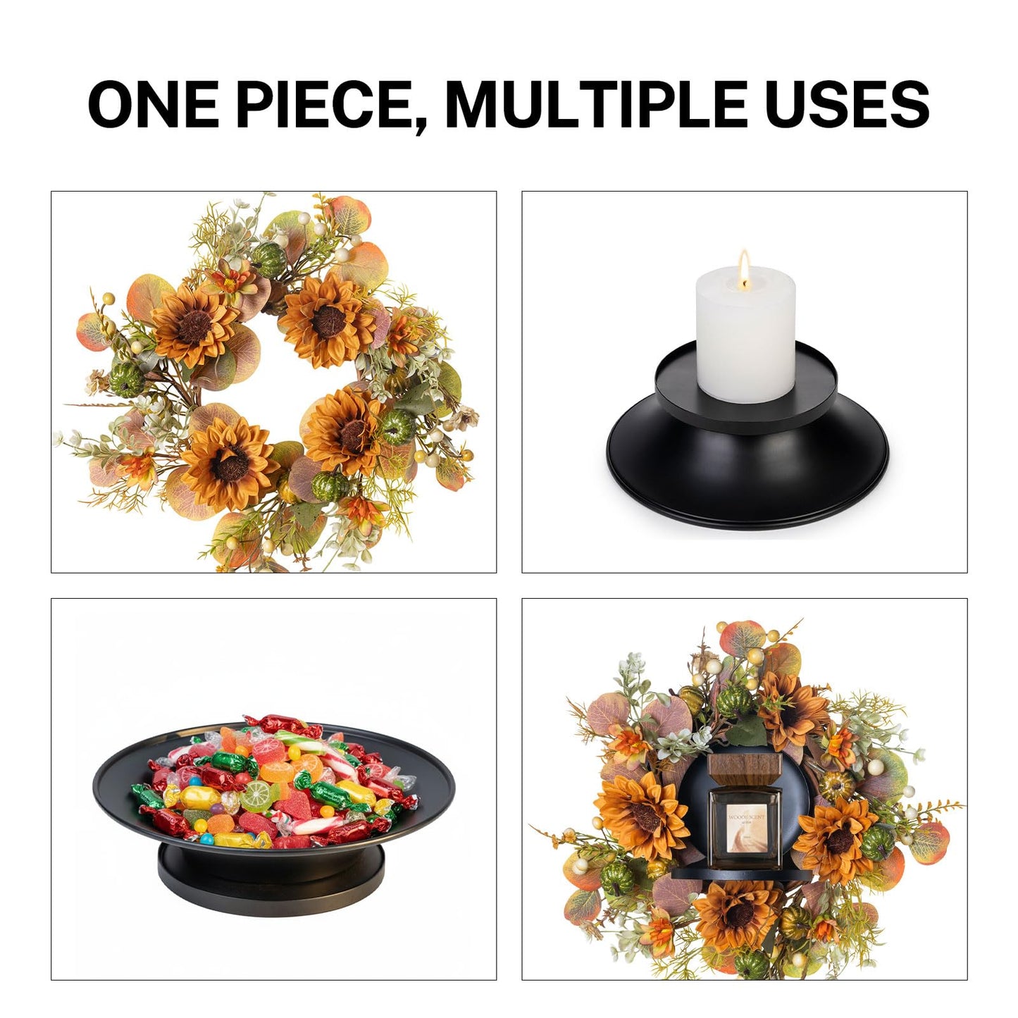 MOYEE Autumn Candle Holder Centerpieces for Tables,Candle Ring, Black Metal Candlestick with an Artificial Wreath 14 in Versatile Dining Table Centrepiece (Caramel Sunflower Wreath)
