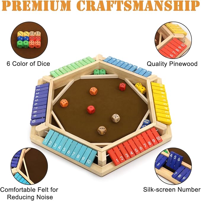 Shut The Box Game 1-6 Players Wooden Board Dice Game with 14 Dice for Kids and Adults Classical Tabletop Math Strategy Game for Family Home Classroom Pub