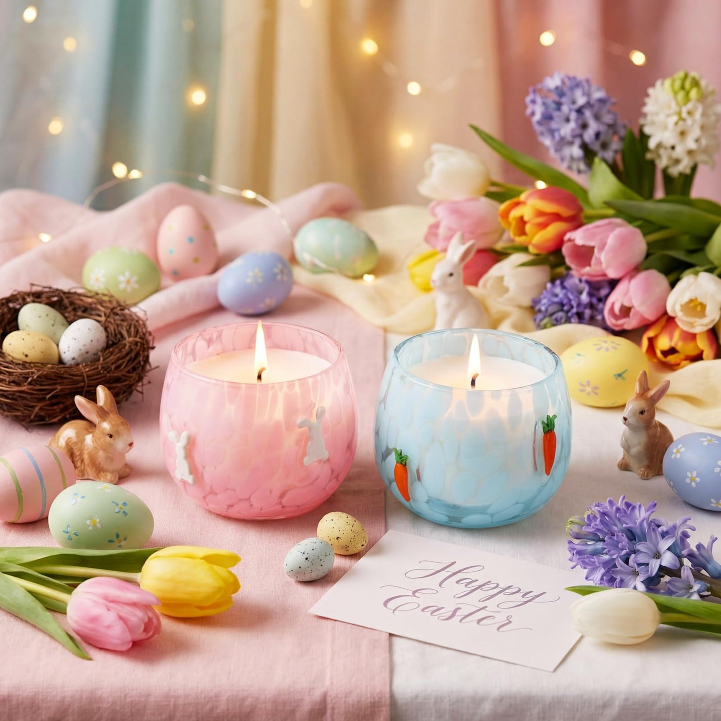 Treela Set of 2 Decorative Spring Easter Candles, 7oz Bunny & Carrot Soy Wax Icon Glass Jar Candles, Spring Home Table Centerpiece Decor, Easter Gift for Women Party Favor