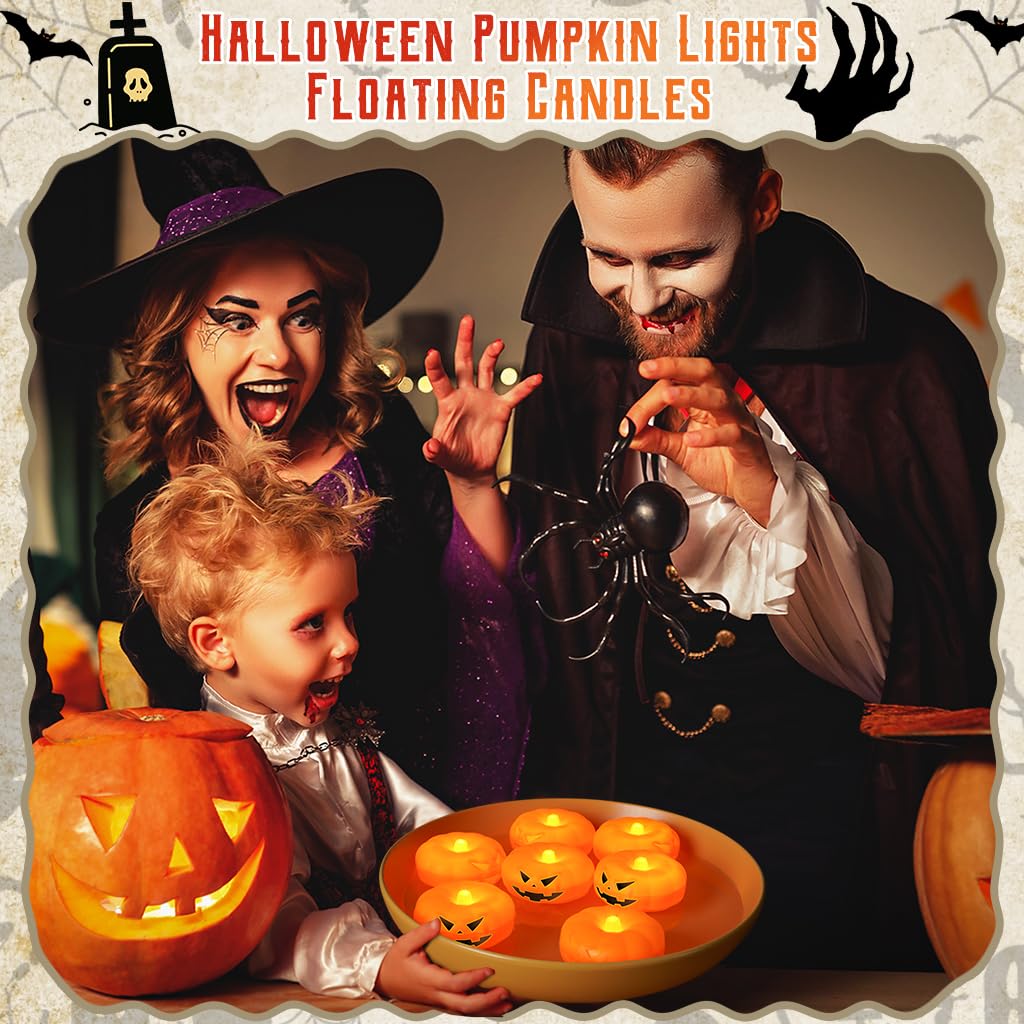 2.3” x24PK Orange Floating Candles-Halloween Flameless Water - Activated Candles, 180+ Hours Long - Lasting- Fall Decorations- Pool Decor-Thanksgiving Decorations