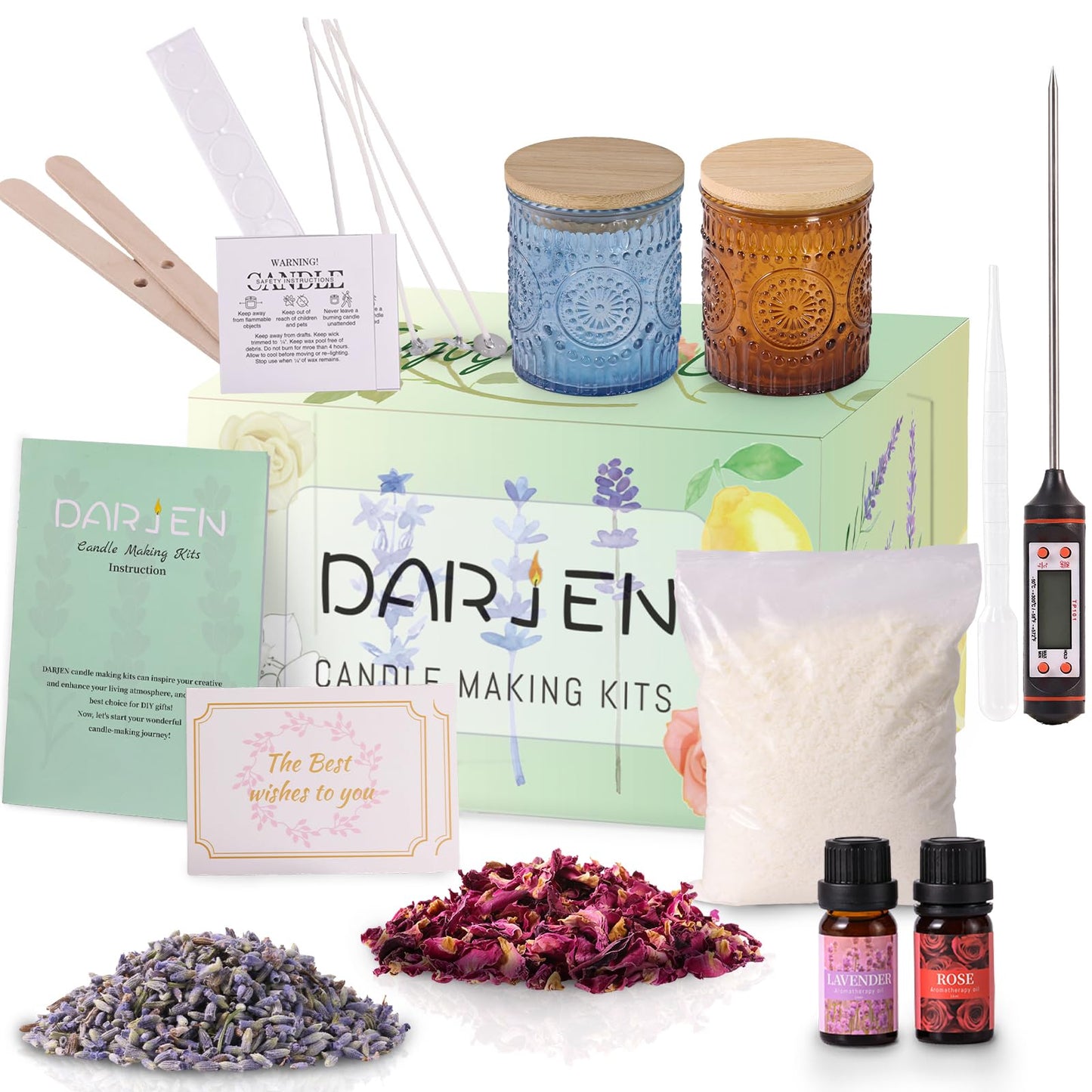 DARJEN Candle Making Kits for Adults- Soy Candle Making Supplies with 2 Candle Jars(Blue, Amber), Wax, Scents, Card & More, DIY Starter Candle Making Kit, Full Set DIY Arts & Crafts Gift