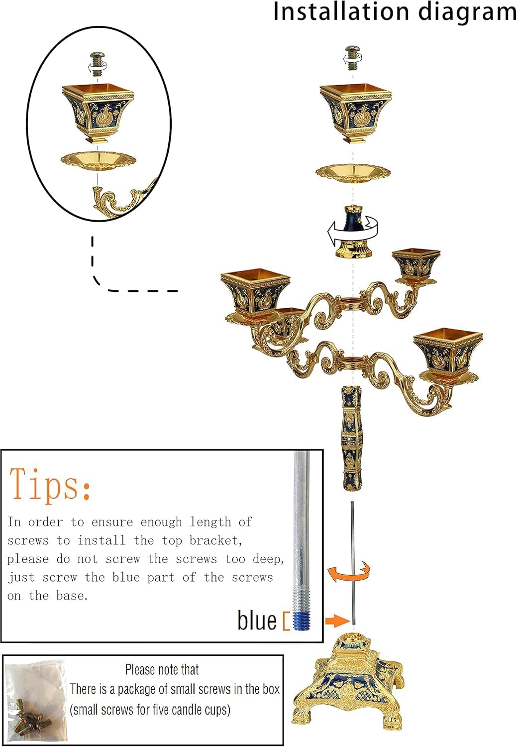 RosyLine Metal Candelabra 17" Height, Candle Holder with 5 Arms,Antique Bronze Furnish Candle Holder, Centerpiece for Home Decro,Wedding Event, Party,1 Pack (Golden Blue)