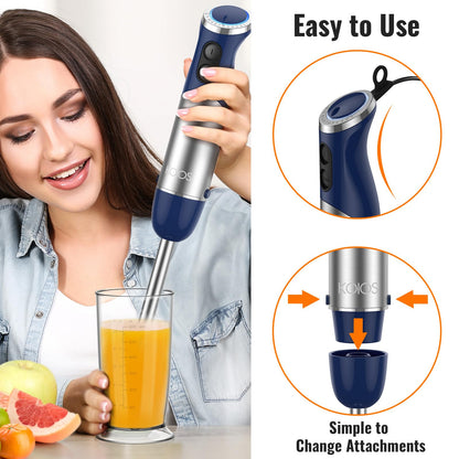KOIOS 5-in-1 Hand Immersion Blender, 1000W 12 Speed Handheld Blender Stick with Copper Motor Stainless Steel Blade, 600ml Mixing Beaker,500ml Food Processor, Whisk, Milk Frother, Non-BPA, Red