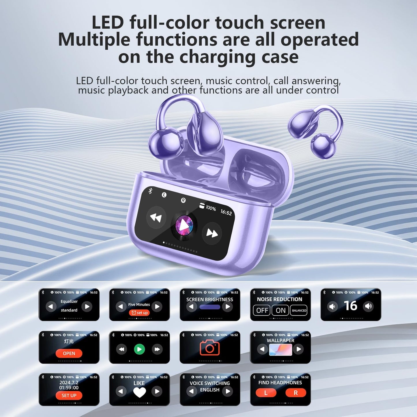 Open Ear Clip On Earbuds Intelligent Touch Color Screen Open Ear Wireless Bluetooth 5.4 Headphones Lightweight Comfort Sport Earbuds Built-in Mic IPX7 Waterproof Earphones for Running Fitness (Purple)