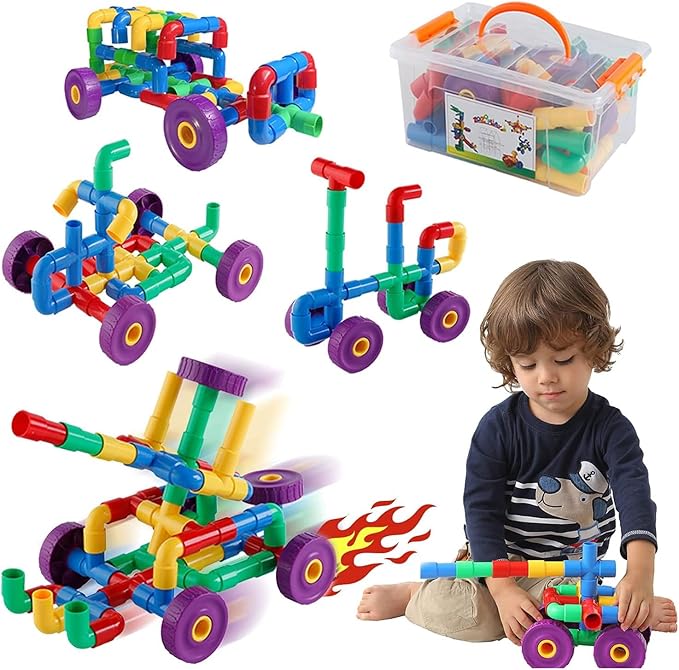 ZOZOPLAY STEM Learning Toy Tubular Pipes &amp Spouts &amp Joints 96 Piece Build Bicycle Tank Scootie Moter Skills Endless Designs Educational Building Blocks Set for Kid Ages 3+ Multicolor