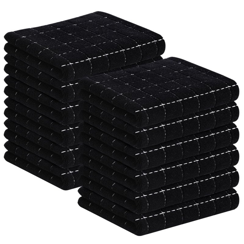Homaxy 100% Cotton Terry Kitchen Towels(Black, 13 x 28 inches), Checkered Designed, Soft and Super Absorbent Dish Towels, 12 Pack