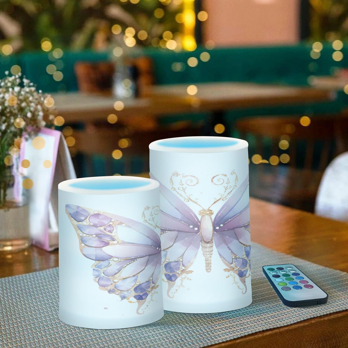 ALAZA Purple Butterflies Flickering Flameless Candles Battery Operated with Remote Timer,Tea Light Candles LED Pillar Votive Candles Set of 2 for Outdoor Indoor Decorations