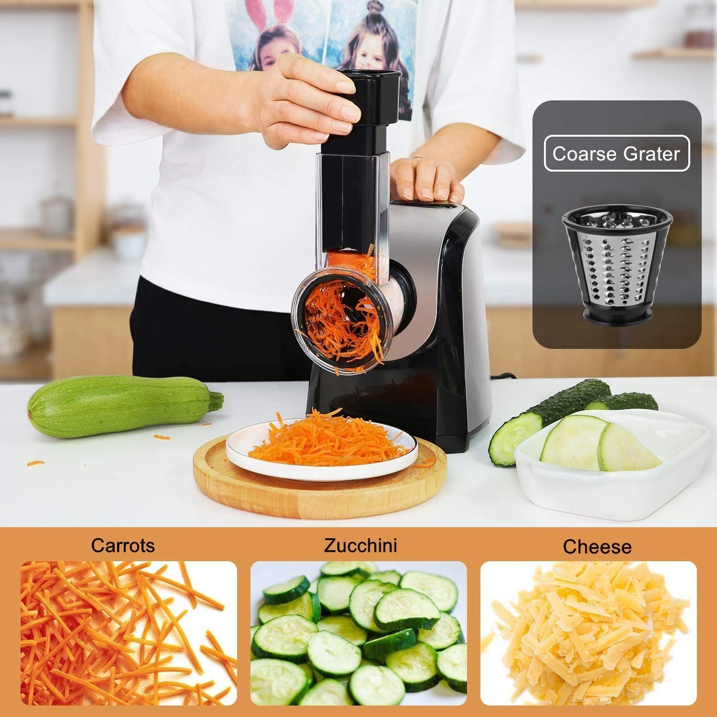 Electric Cheese Grater, Professional Electric Slicer Shredder, 150W Cheese Grater/Chopper Salad Maker, Shredder for Home Kitchen Use with One-Touch Control | 5 Free Attachments